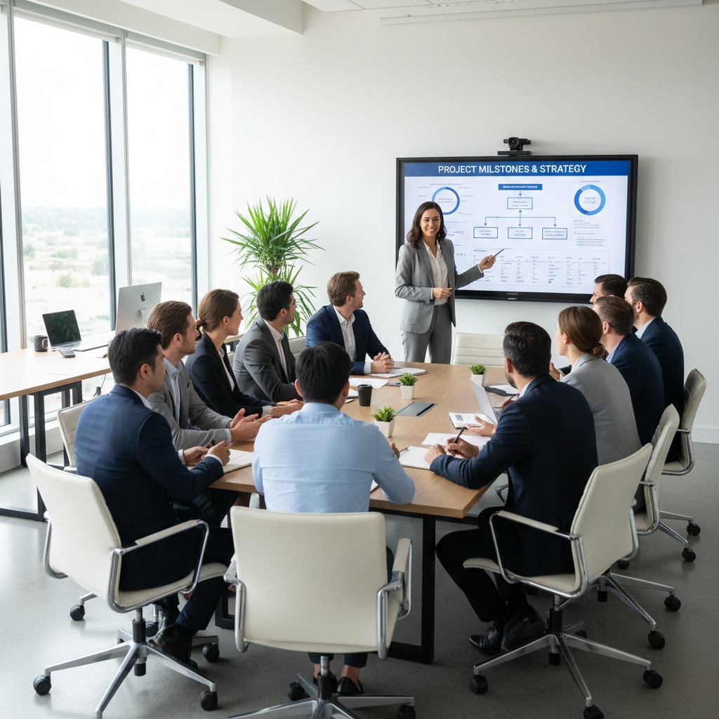 Une femme d'affaires présente une stratégie de projet sur un écran numérique devant une équipe réunie autour d'une table de conférence dans un bureau lumineux.